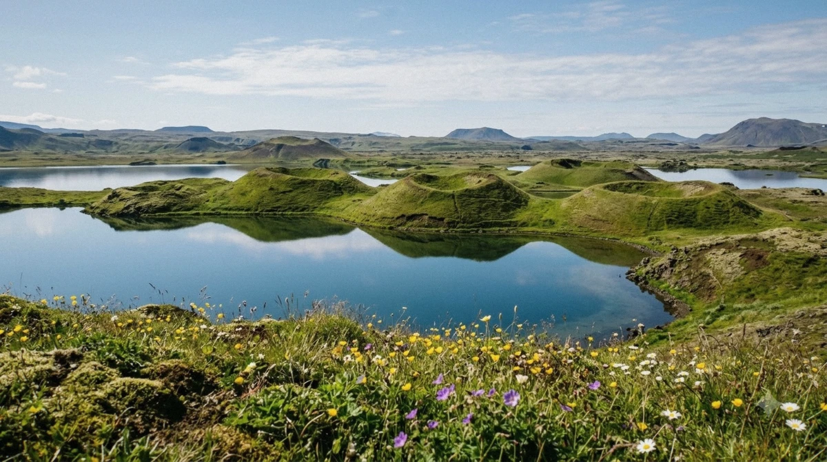 Green shoreline and crater islands of Lake Myvatn under bright summer sun, the best time of year to visit north Iceland
