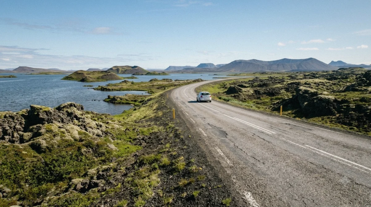 Empty paved road curving along the shore of Lake Myvatn under a bright blue sky, the self drive route in north Iceland