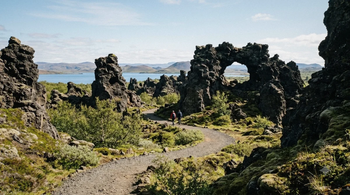 Lava arch and moss at Dimmuborgir beside Lake Myvatn in bright sunshine, the best known thing to do in the area