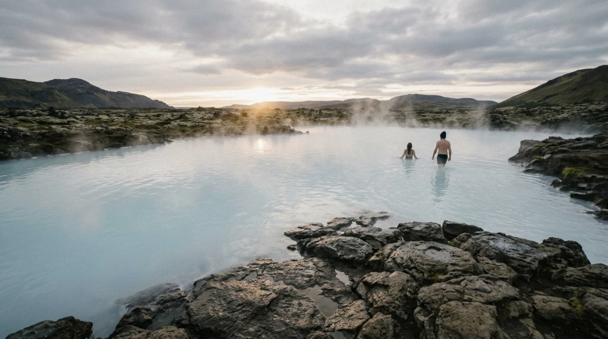 Steam rising off milky blue geothermal water on a lava ridge at the end of a Myvatn Nature Baths tour from Akureyri