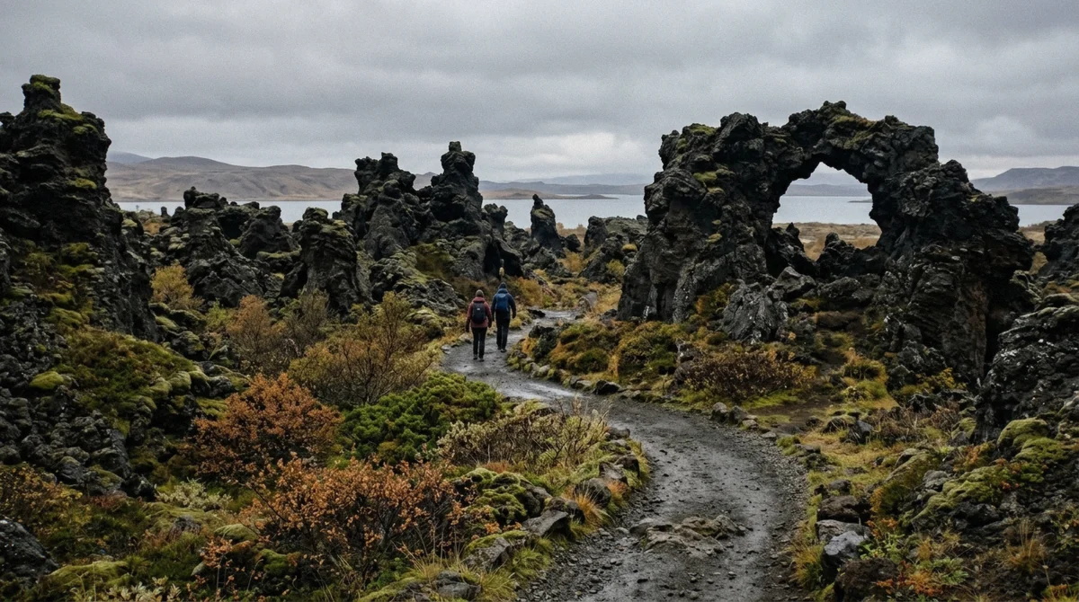 Lava pillars and an arch at Dimmuborgir, the guided stop on the Myvatn minibus tour from Akureyri