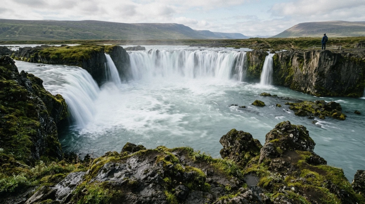 Godafoss waterfall in low northern light on the winter tour route from Akureyri to Lake Myvatn