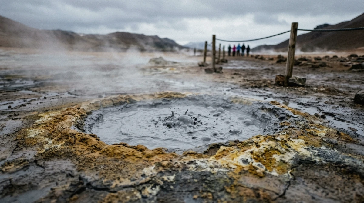 Steam rising from geothermal ground at Hverir near Lake Myvatn, the stop that looks best on a winter tour